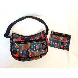 Lesportsac Shoulder Bag & make up Bag Set  Jewel Pattern Black Adjustable Strap